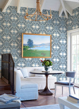 Villa Blue Embellished Ogee Wallpaper - Scroll Wallpaper