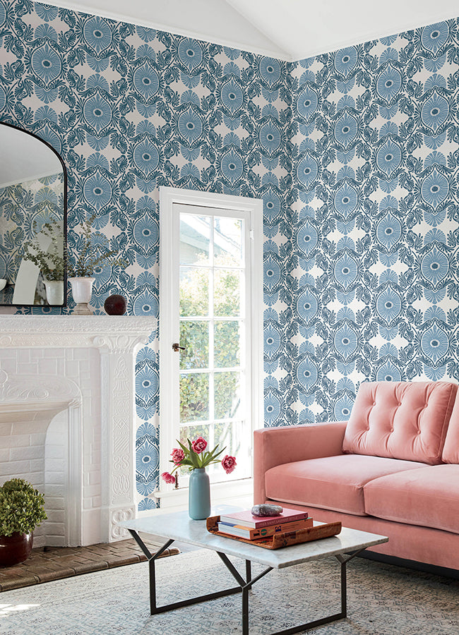Villa Blue Embellished Ogee Wallpaper - Scroll Wallpaper