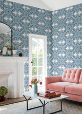 Villa Blue Embellished Ogee Wallpaper - Scroll Wallpaper