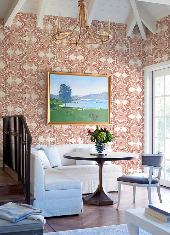 Villa Raspberry Embellished Ogee Wallpaper - Scroll Wallpaper