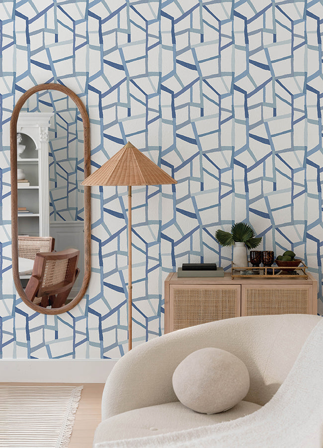Tate Blue Geometric Linen Wallpaper - Geometric Wallpaper