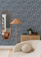 Idalia Navy Floral Flamingo Wallpaper - Floral Wallpaper