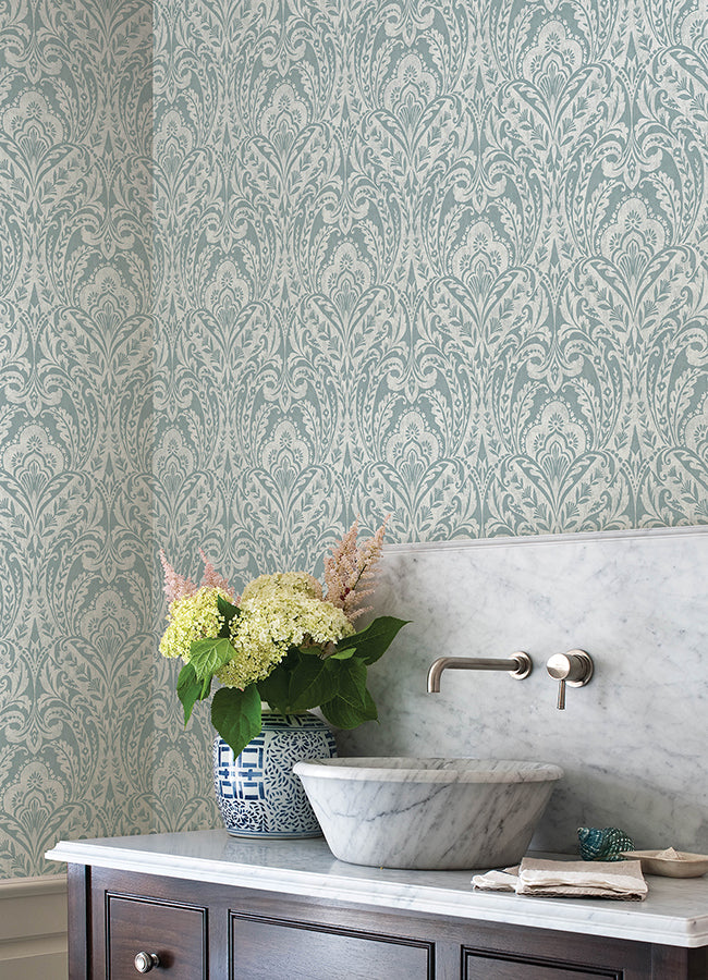 Berkshire Denim Damask Wallpaper - Damask Wallpaper