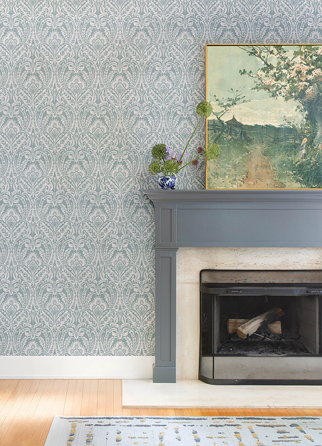 Berkshire Denim Damask Wallpaper - Damask Wallpaper