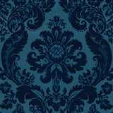 Shadow Blue Flocked Damask Wallpaper - Scroll Wallpaper