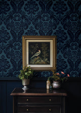 Shadow Blue Flocked Damask Wallpaper - Scroll Wallpaper