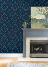 Shadow Blue Flocked Damask Wallpaper - Scroll Wallpaper