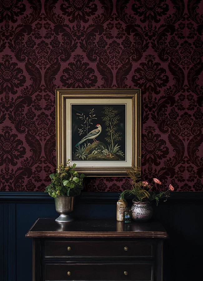 Shadow Merlot Flocked Damask Wallpaper - Damask Wallpaper