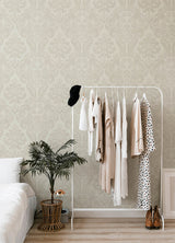 Shadow Cream Flocked Damask Wallpaper - Scroll Wallpaper