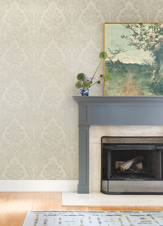 Shadow Cream Flocked Damask Wallpaper - Scroll Wallpaper