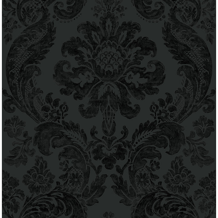Shadow Black Flocked Damask Wallpaper - Scroll Wallpaper
