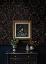 Shadow Black Flocked Damask Wallpaper - Scroll Wallpaper