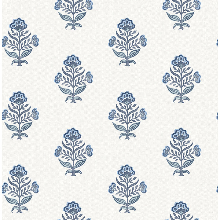 Hollyhock Blue Floral Crest Wallpaper - Floral Wallpaper