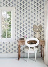 Hollyhock Blue Floral Crest Wallpaper - Floral Wallpaper