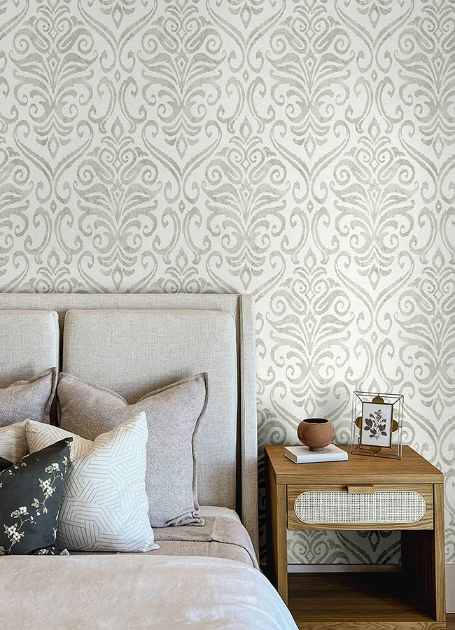 Adavu Sage Damask Wallpaper - Scroll Wallpaper