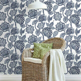 Mid Summer Jacobean Wallpaper- White/Blue - Jacobean Wallpaper