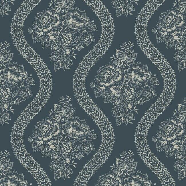 Coverlet Floral Premium Peel + Stick Wallpaper- Taupe On Navy - Floral Wallpaper