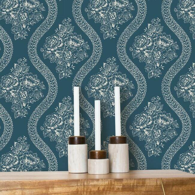 Coverlet Floral Premium Peel + Stick Wallpaper- Taupe On Navy - Floral Wallpaper