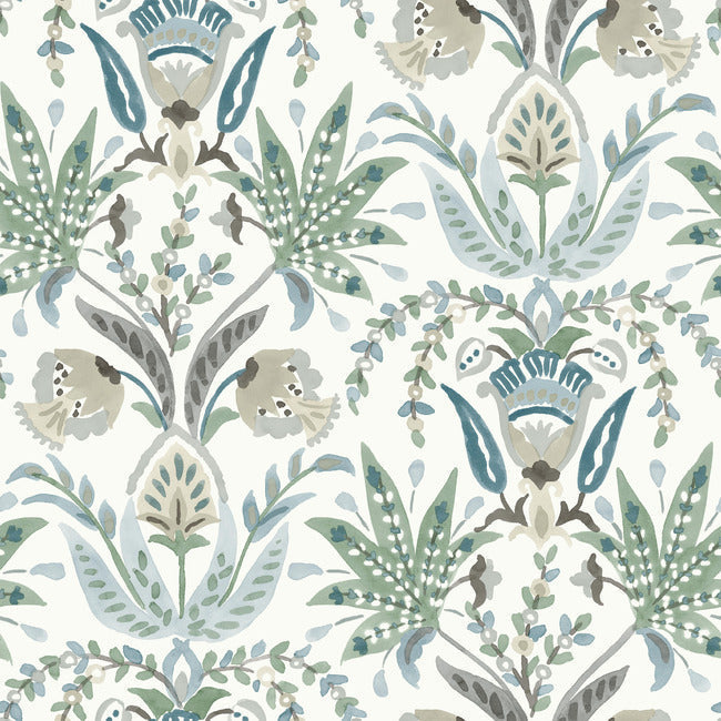 Seaside Jacobean Wallpaper- White/Green/Blue - Jacobean Wallpaper