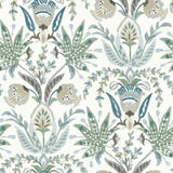 Seaside Jacobean Wallpaper- White/Green/Blue - Jacobean Wallpaper