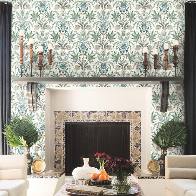 Seaside Jacobean Wallpaper- White/Green/Blue - Jacobean Wallpaper