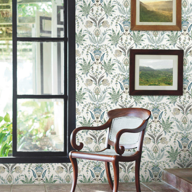 Seaside Jacobean Wallpaper- White/Green/Blue - Jacobean Wallpaper