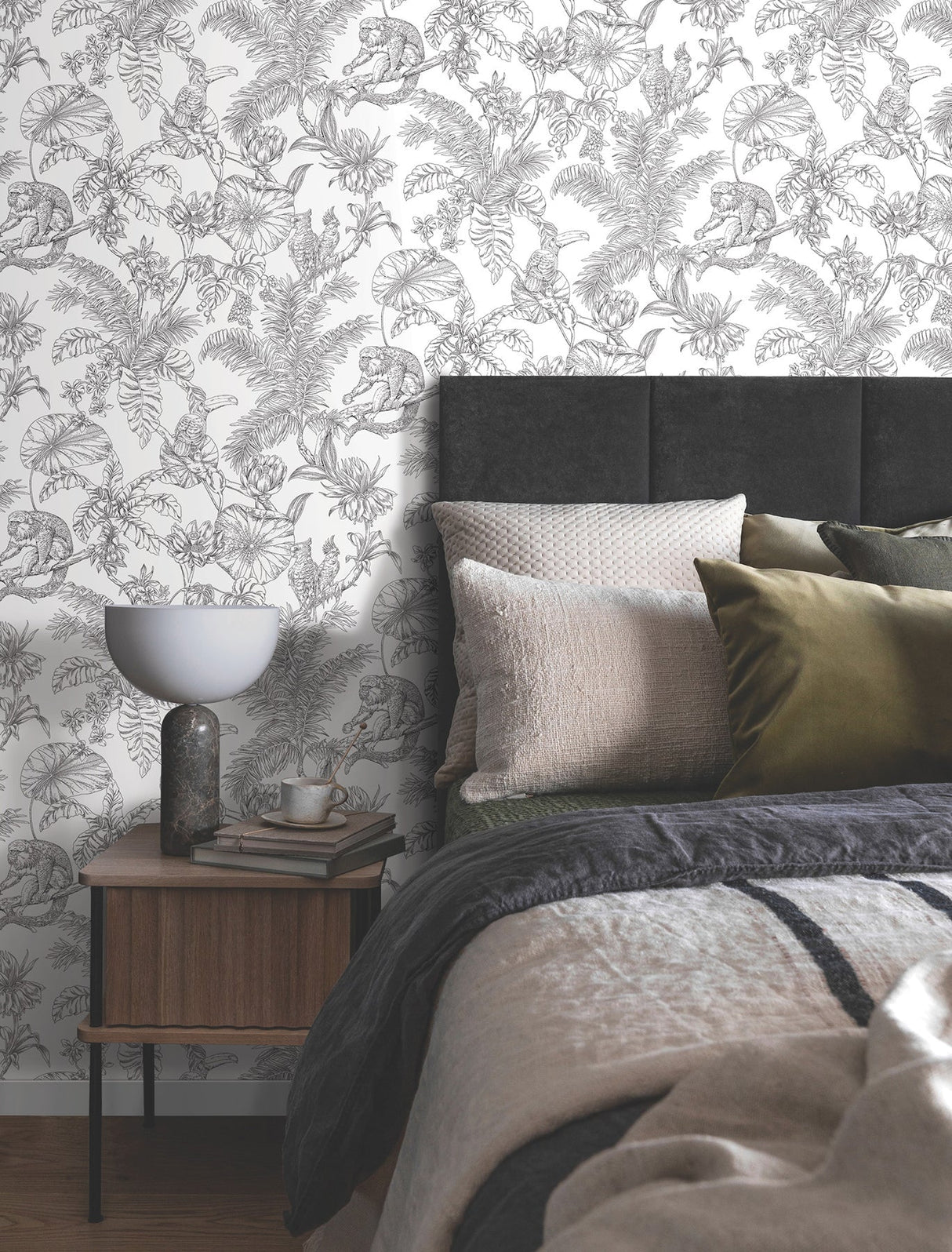 Tropical Sketch Toile Wallpaper- Black - Toile Wallpaper