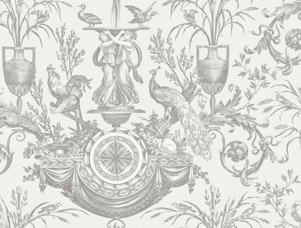Avian Fountain Toile Wallpaper- Grey - Toile Wallpaper