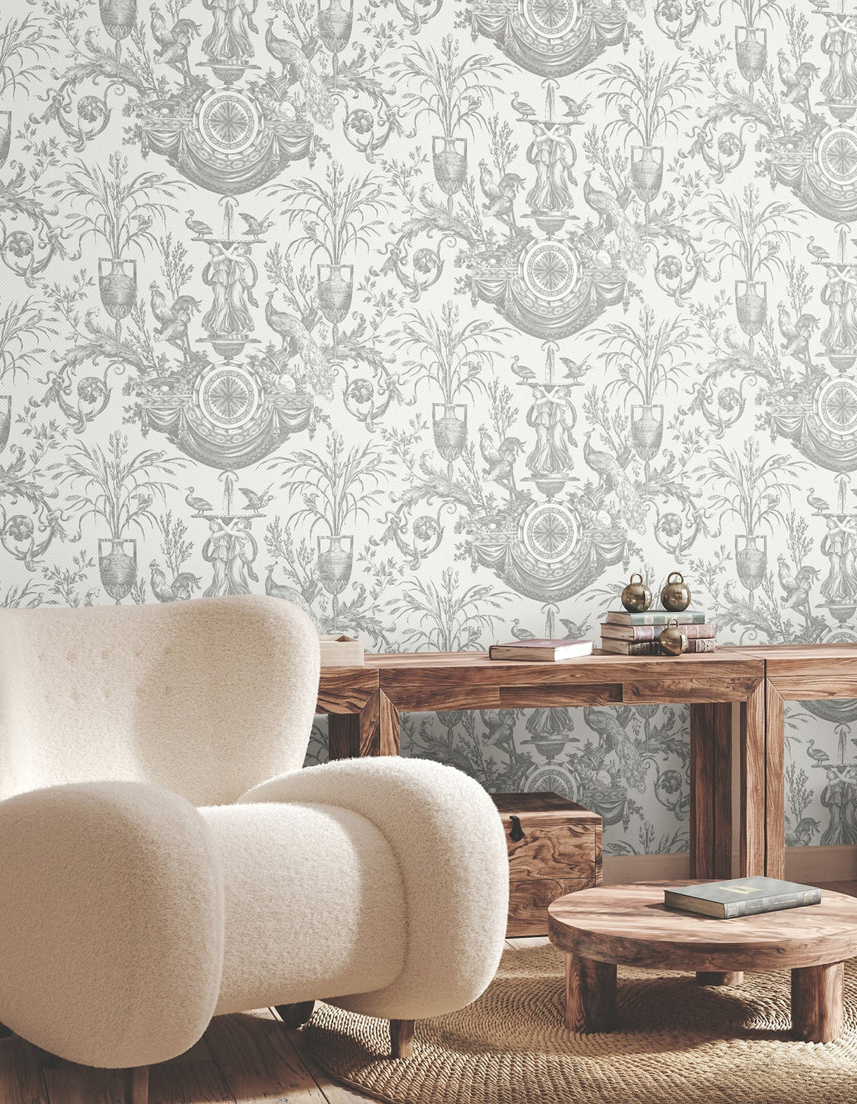 Avian Fountain Toile Wallpaper- Grey - Toile Wallpaper