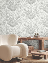 Avian Fountain Toile Wallpaper- Grey - Toile Wallpaper