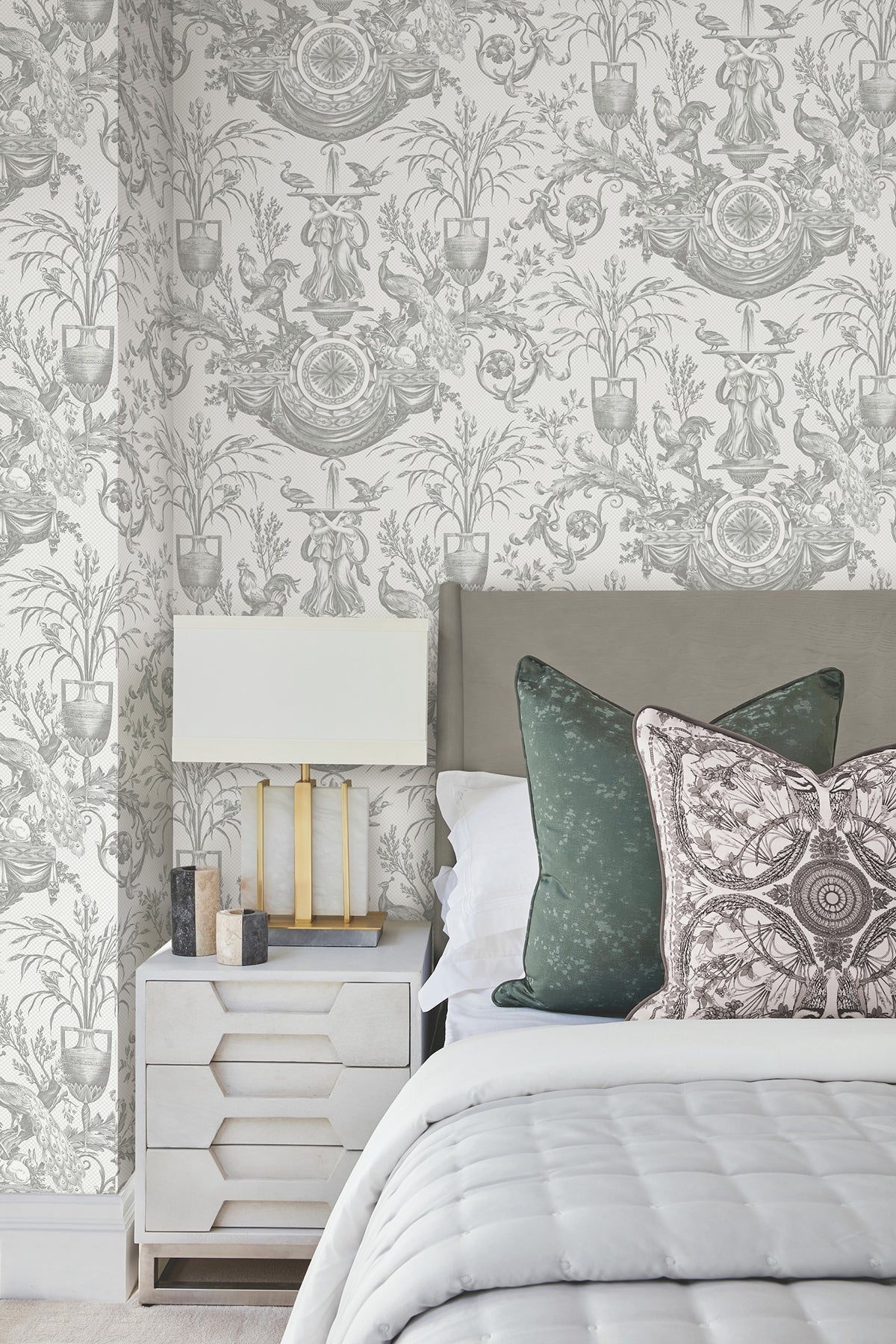 Avian Fountain Toile Wallpaper- Grey - Toile Wallpaper
