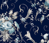 Parrots with Floral Bouquets Premium Peel + Stick Wallpaper- Navy - Floral Wallpaper