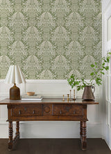 Finch Light Green Woodland Damask Wallpaper - Toile Wallpaper