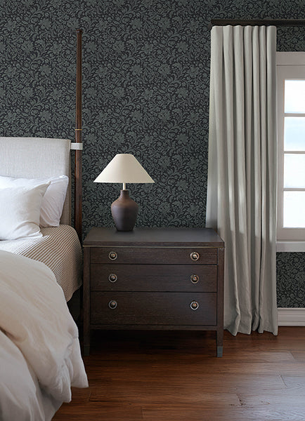 Hague Dark Blue Floral Trail Wallpaper - Jacobean Wallpaper