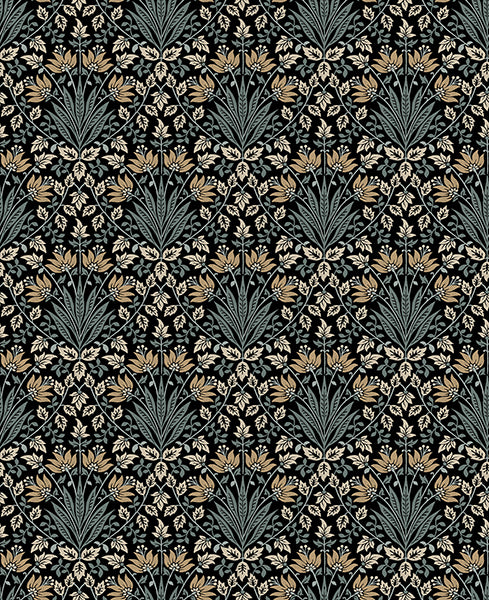 Woodbury Black Floral Damask Wallpaper - Toile Wallpaper