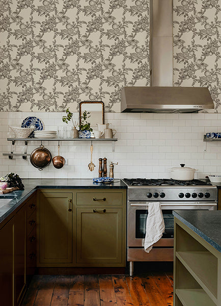Gerty Black Fruit Toile Wallpaper - Toile Wallpaper